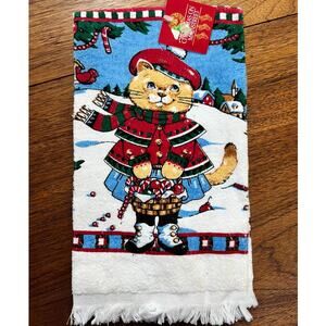 Vintage Christmas Kitchen Linen Dishcloth Holiday Cat